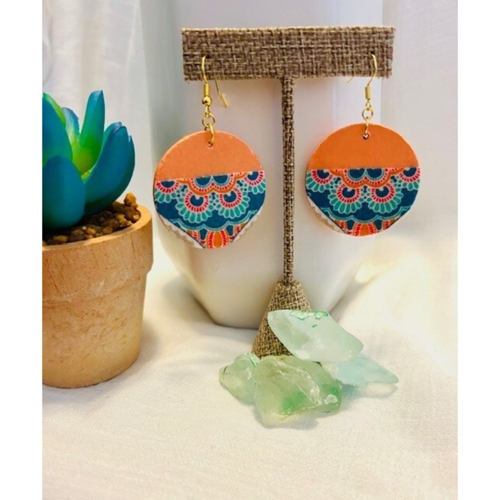 Boho Mandala Wood Fabric Drop Earrings Orange Teal Round Geometric Dangle
